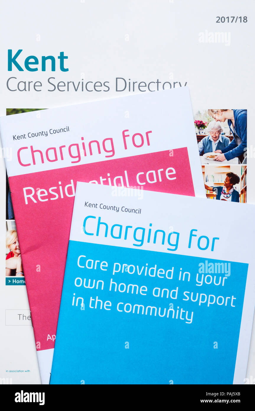 Kent County Council brochures detailing their charges for residential care and care in the home. Stock Photo