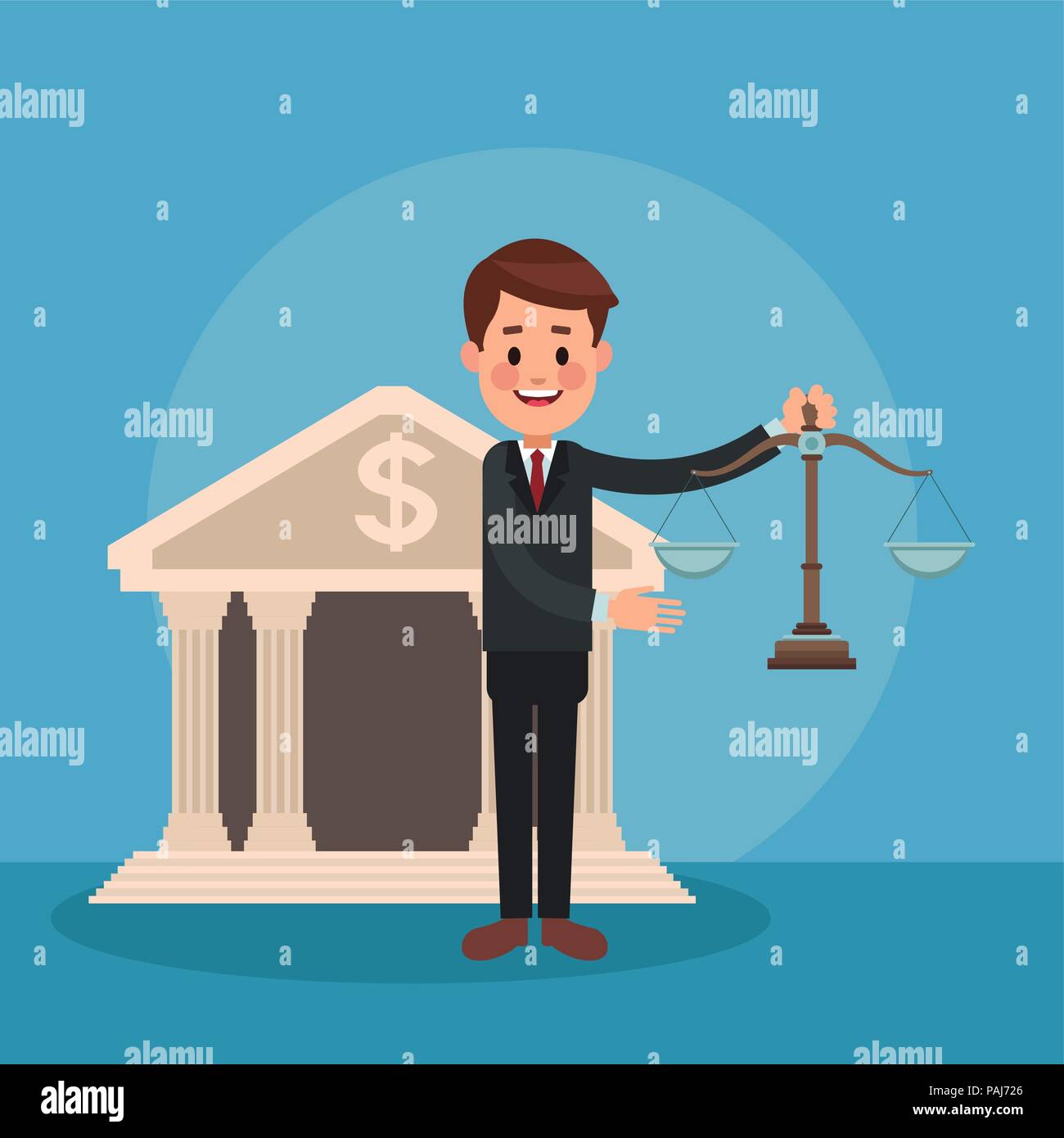 Lawyer with balance at bank vector illustration graphic design Stock
