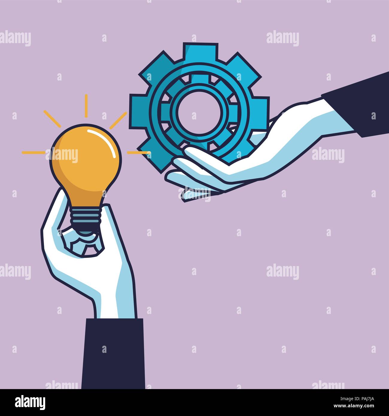 Hands with bulb light and gear vector illustration graphic design Stock