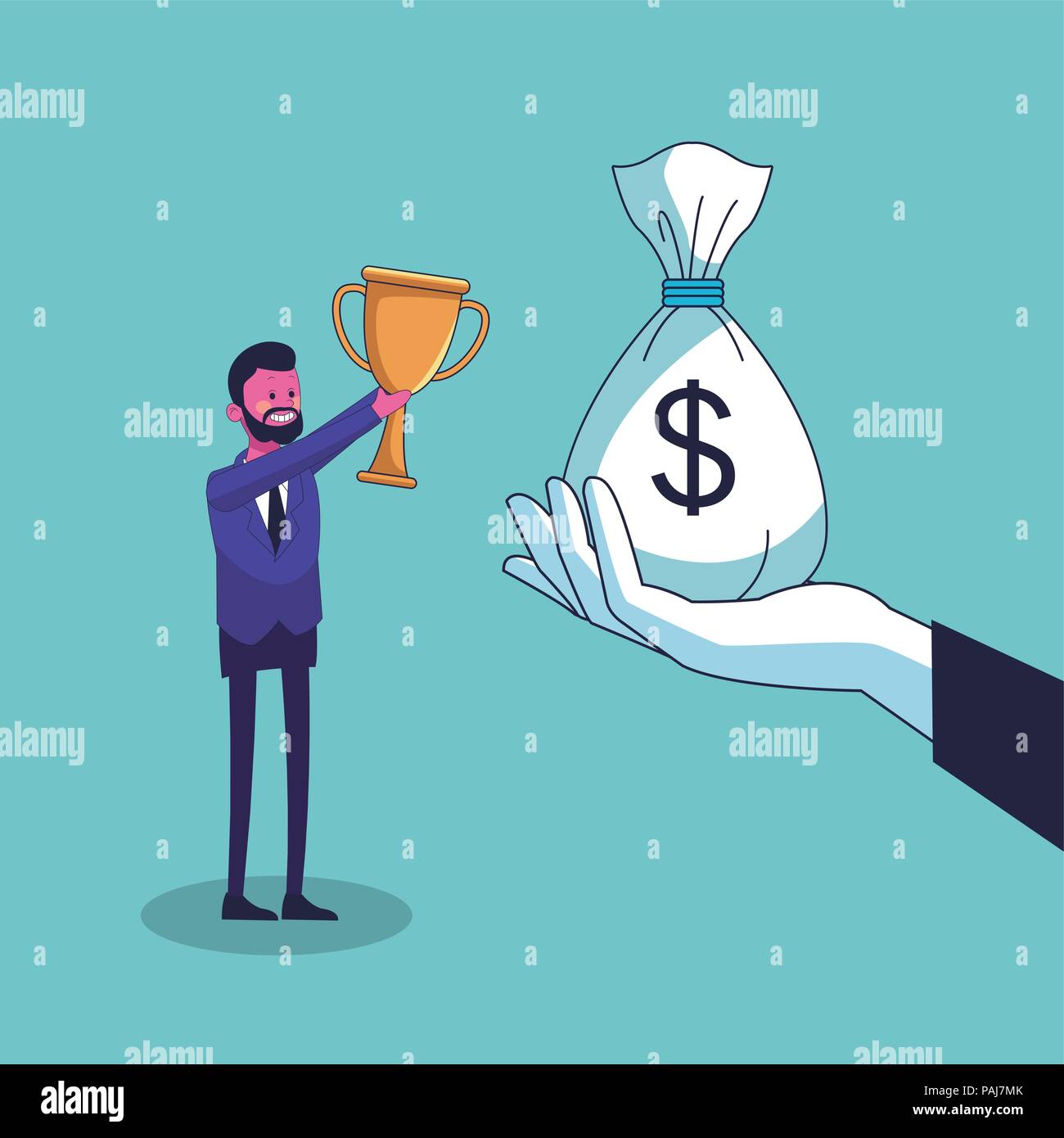 Businessman with trophy cup and hand holding money bag vector ...