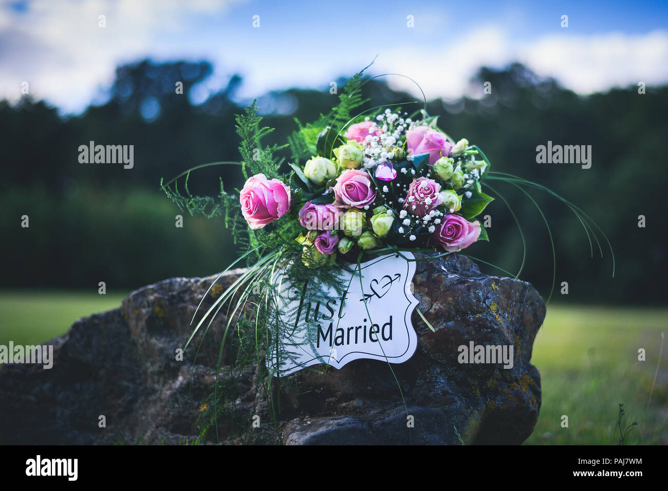 Bridal bouquet in Natture standalone / Brautstrauss auf  einem Stein in der Natur Stock Photo