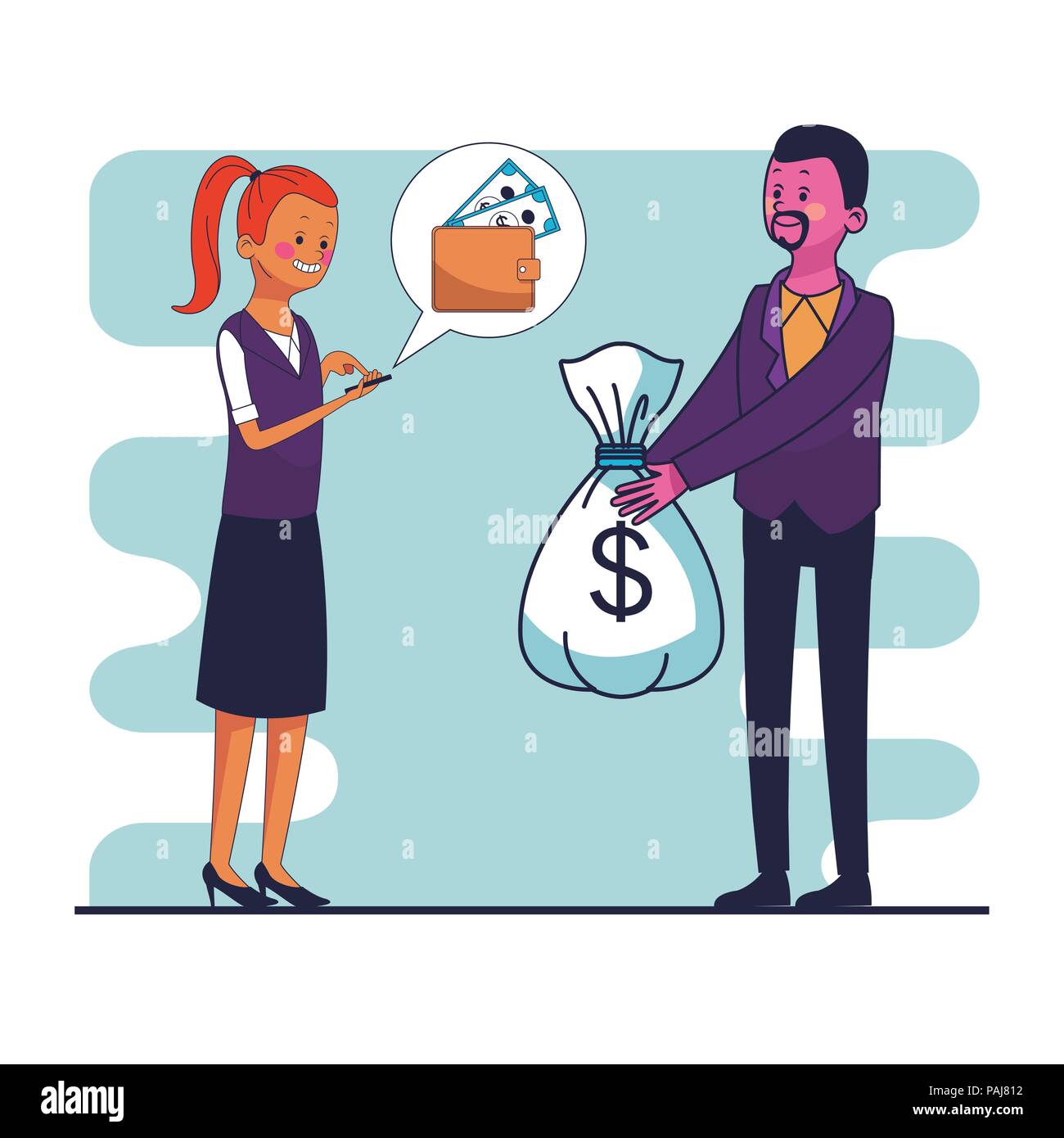 Businessman with money bag and woman checking bank account from ...