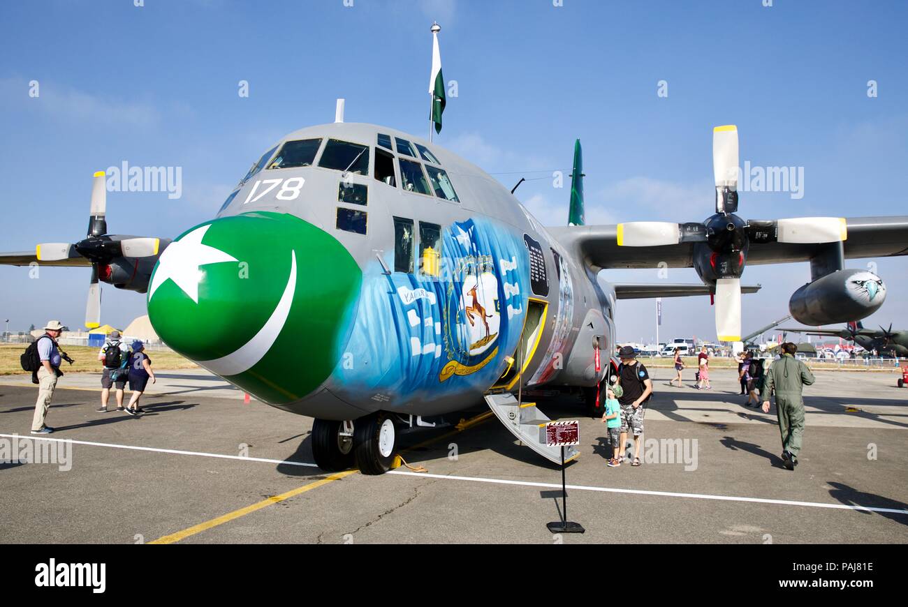 Pakistan Air Force Lockheed C-130E Hercules on static display at the Riat with a colourful paint scheme celebrating No.6 Squadron 75th Anniversary Stock Photo