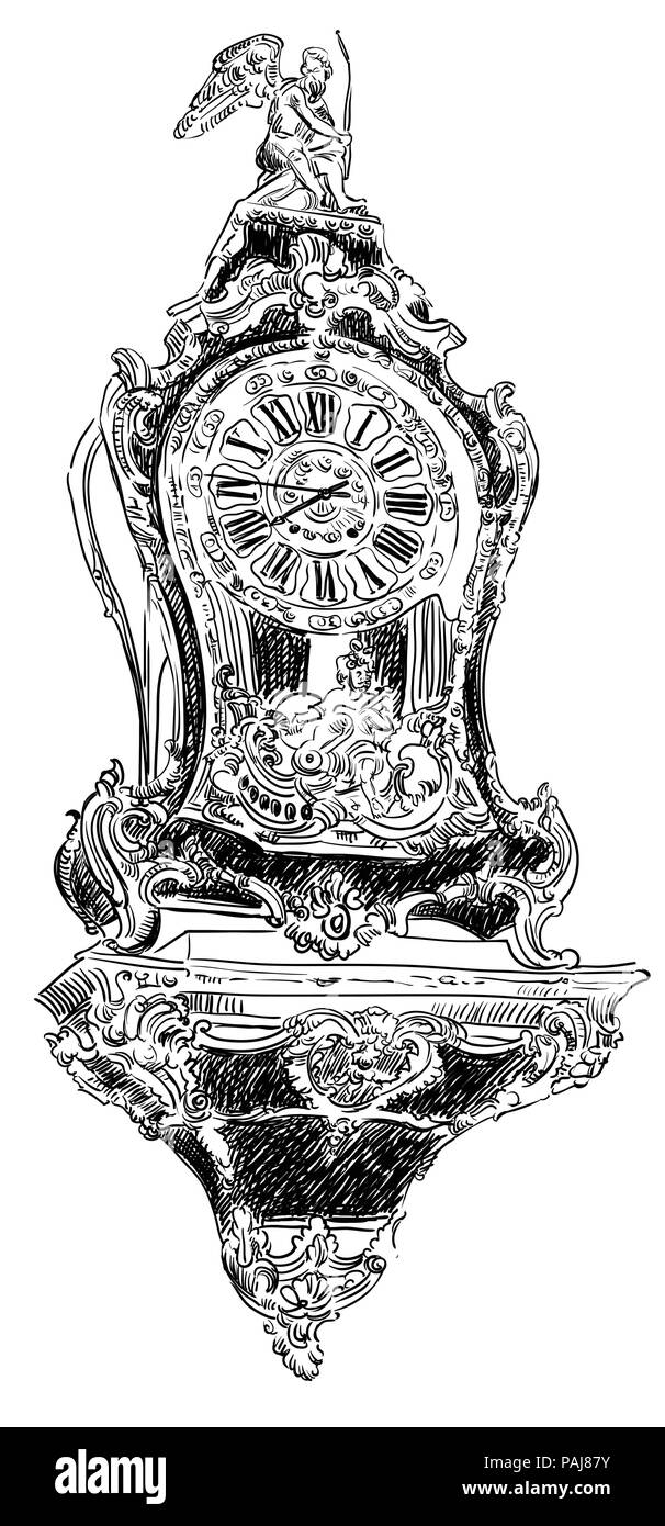 Ancient carving baroque clock, vector hand drawing illustration in black color isolated on white background Stock Vector