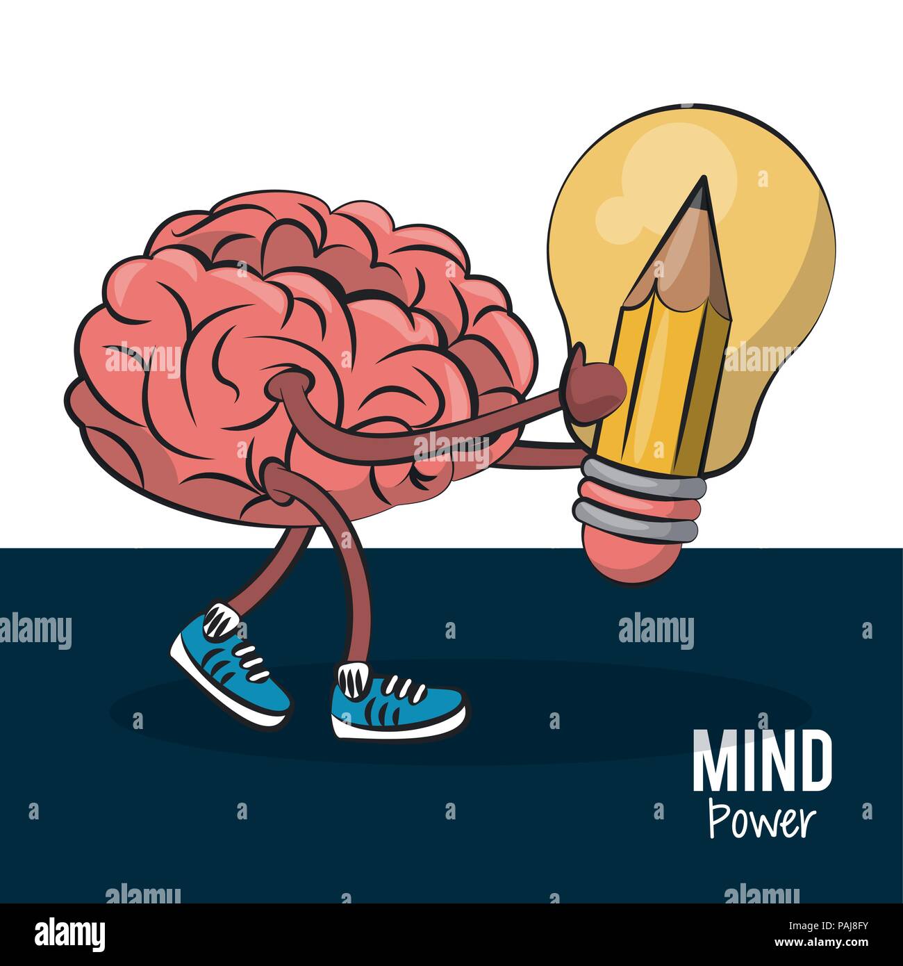 Human brain cartoon holding a pencil and bulb vector illustration ...