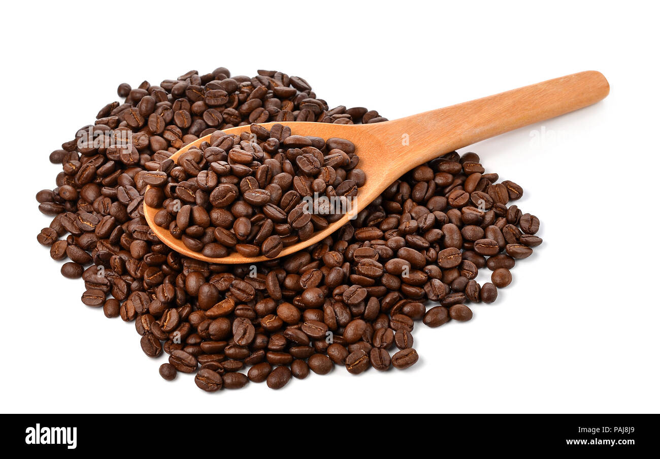 coffee beans with wooden spoon isolated on white background Stock Photo ...