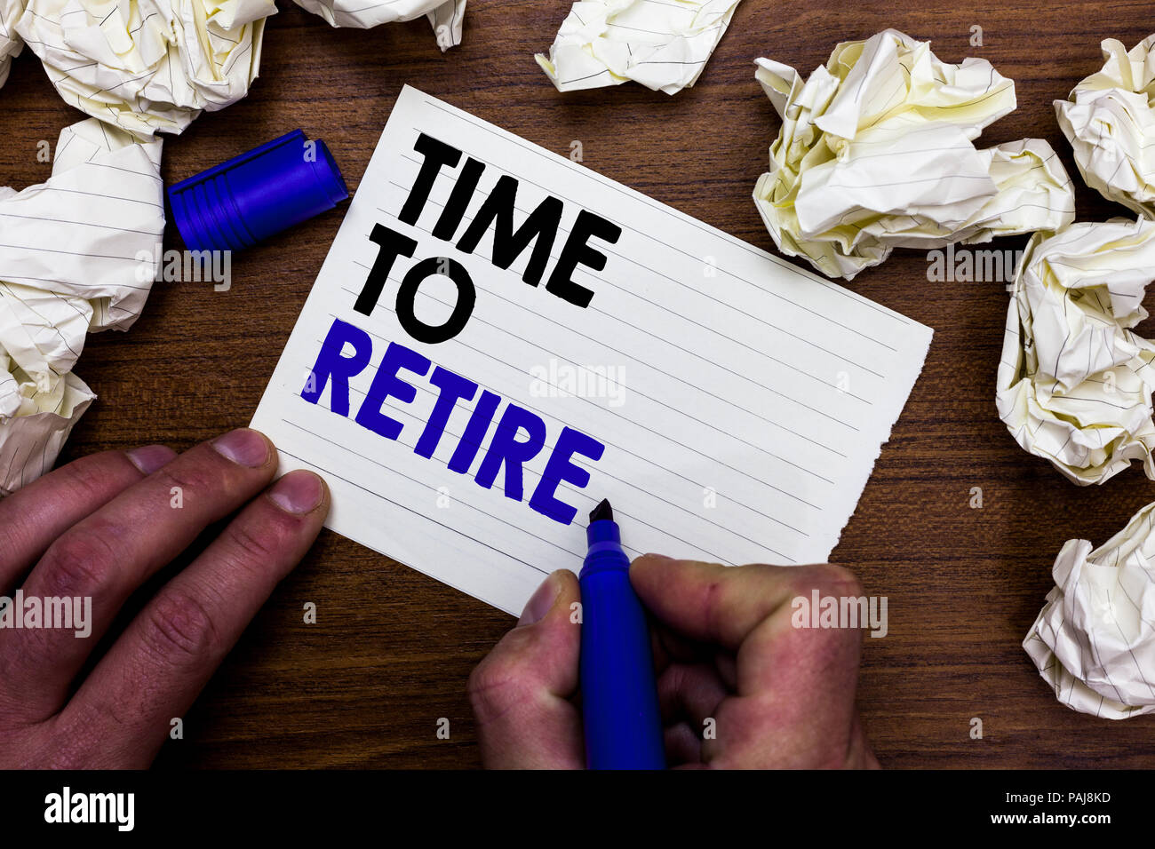 Writing note showing Time To Retire. Business concept for Take the  pensioner status stop working in elderly old enough Businessman in blue  suite stand Stock Photo - Alamy