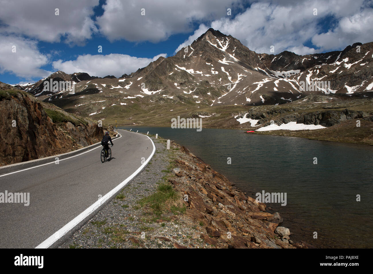 Gavia Pass (Italian: Passo di Gavia) (el. 2621 m.) is a high mountain pass in the Italian Alps. It is the tenth highest paved road in the Alps.  The p Stock Photo