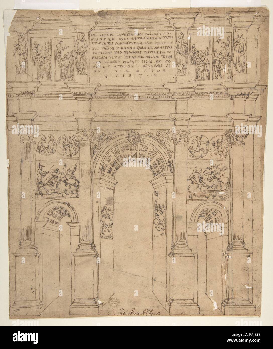 Arch of Constantine, Rome. Artist: attributed to Bartolomeo Neroni (Il Riccio) (Italian, Siena 1505/15-1571 Siena). Dimensions: 11 15/16 x 10 1/16in. (30.3 x 25.5cm). Date: 1500-1571. Museum: Metropolitan Museum of Art, New York, USA. Stock Photo