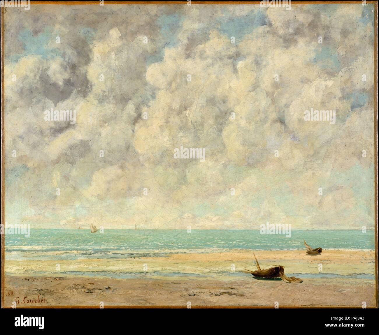 The Calm Sea. Artist: Gustave Courbet (French, Ornans 1819-1877 La Tour-de-Peilz). Dimensions: 23 1/2 x 28 3/4 in. (59.7 x 73 cm). Date: 1869.  Courbet painted this view looking out over the English Channel during a visit to Étretat along the coast of Normandy in August 1869. The ocean has receded at low tide, and two small boats are left on the shore. The tranquil composition, with its immense sky towering over narrow bands of water and sand, is unusual for Courbet's marine paintings of this period, dominated by dramatically crashing waves. Museum: Metropolitan Museum of Art, New York, USA. Stock Photo