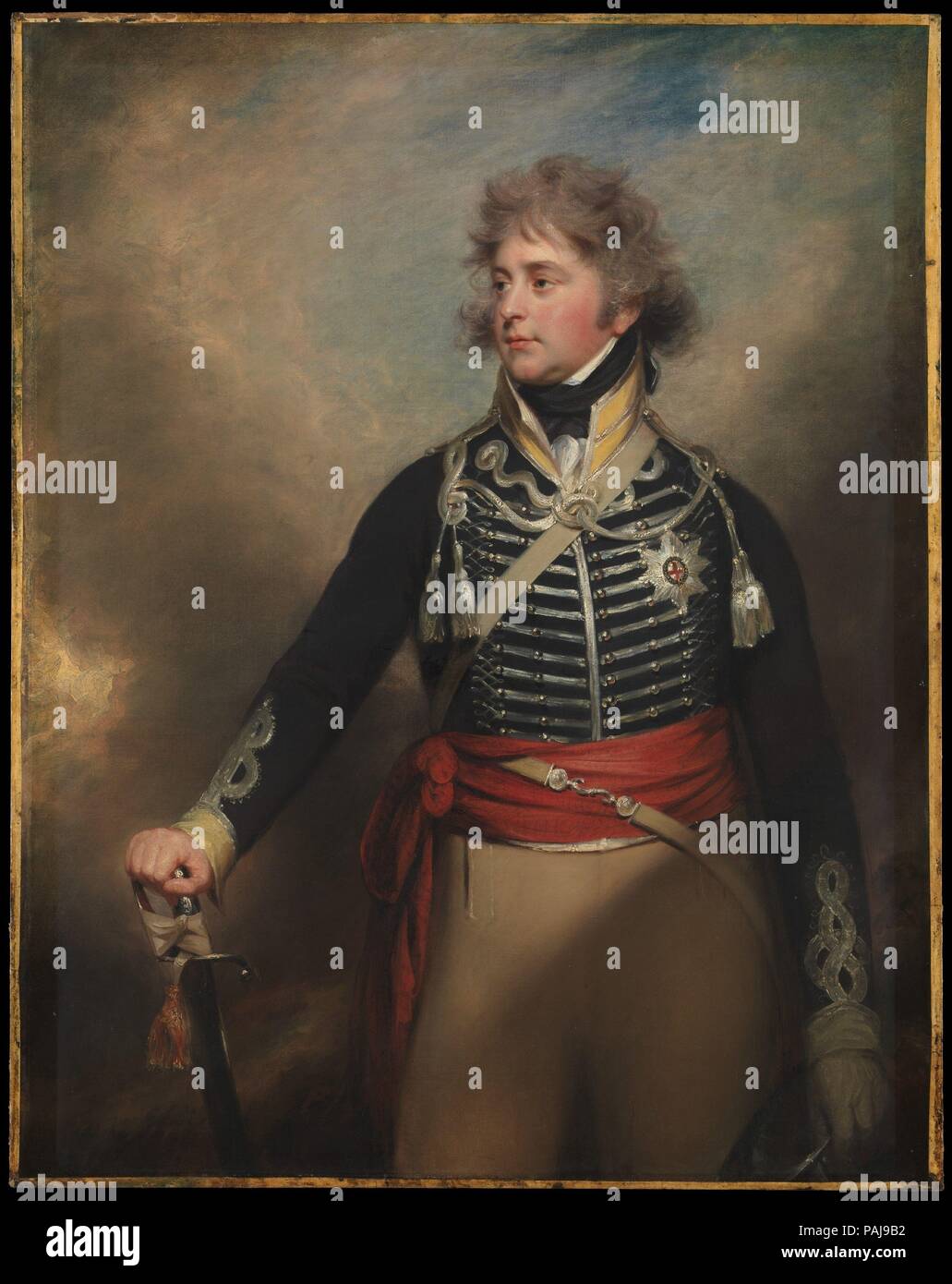 George IV (1762-1830), When Prince of Wales. Artist: Sir William Beechey (British, Burford, Oxfordshire 1753-1839 Hampstead) and Workshop. Dimensions: 56 1/4 x 44 1/2 in. (142.9 x 113 cm).  This portrait of the prince wearing a uniform of the Tenth Light Dragoons and the star of the Order of the Garter is a version of Beechey's diploma work, which was presented to the Royal Academy in 1798. Another version, commisssioned by the sitter and probably painted in 1803, is in the British Royal Collection. Museum: Metropolitan Museum of Art, New York, USA. Stock Photo