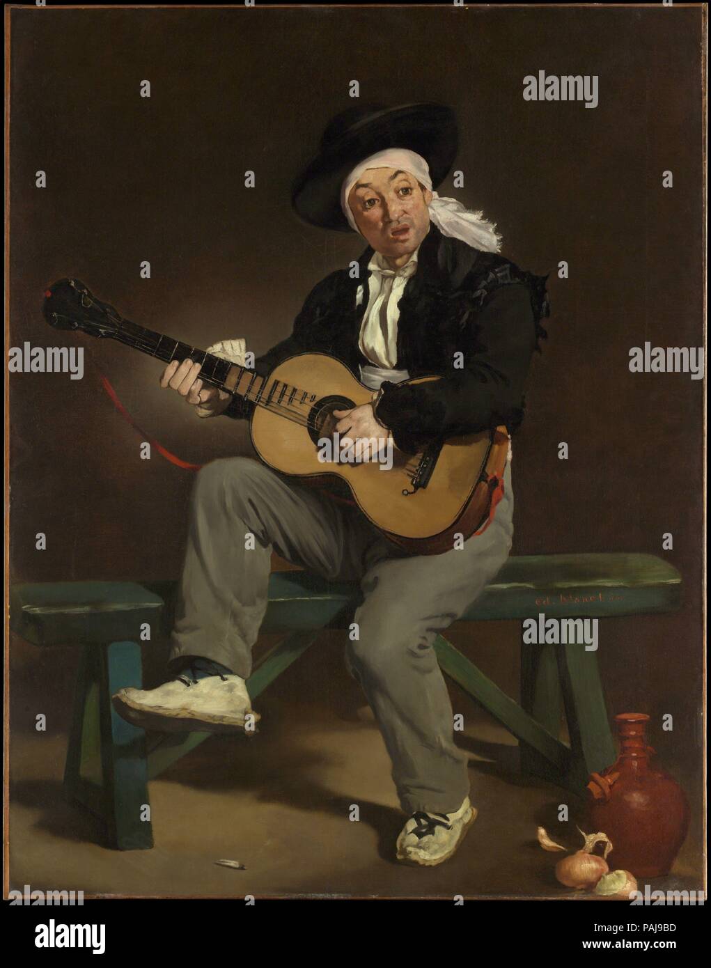 The Spanish Singer. Artist: Édouard Manet (French, Paris 1832-1883 Paris). Dimensions: 58 x 45 in. (147.3 x 114.3 cm). Date: 1860.  This painting, which reflects the Parisian vogue for Spanish art and culture during the Second Empire, won Manet his first popular and critical success in his debut at the Salon of 1861. Though the picture was admired for its realistic detail, Manet did not disguise the fact that it was composed in a studio using a model and props. The left-handed singer holds a guitar strung for a right-handed player, and his fingering suggests that he was unfamiliar with the ins Stock Photo