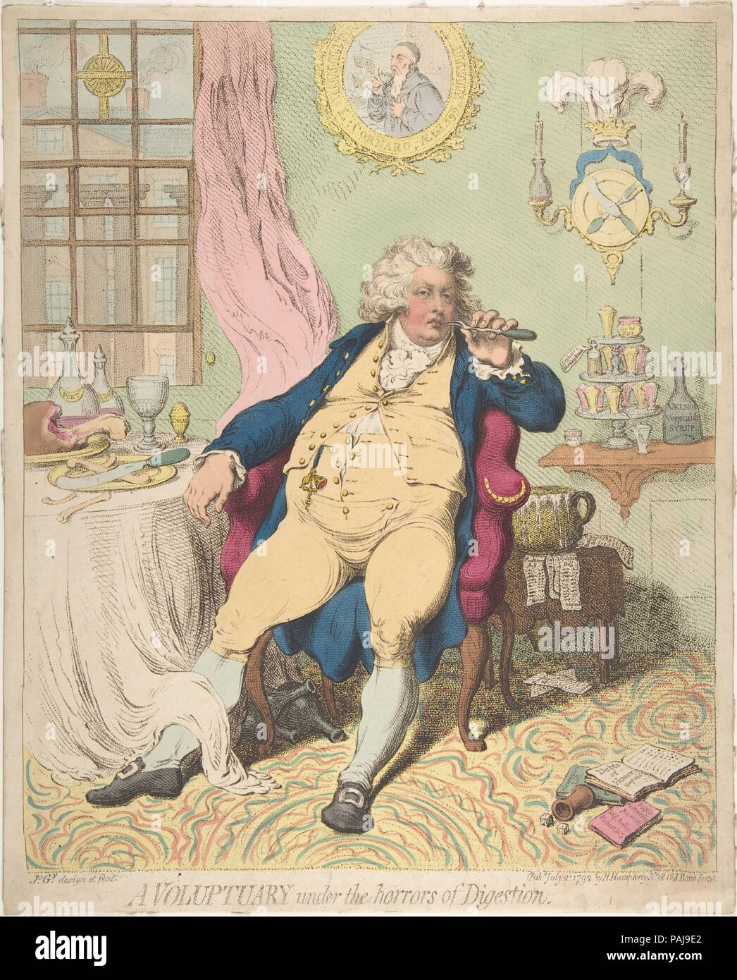 A Voluptuary Under the Horrors of Digestion. Artist: James Gillray (British, Chelsea 1756-1815 London). Dimensions: sheet: 14 3/8 x 11 9/16 in. (36.5 x 29.3 cm). Publisher: Hannah Humphrey (London). Date: July 2, 1792.  Gillray's famously brutal caricature of George, Prince of Wales encapsulates the effects of uncontrolled self-indulgence upon the heir to the British throne. Sprawled in his chair after a lavish meal, the prince picks his teeth with a meat fork; his lack of gentility is underscored by the over-flowing chamber pot at his elbow used to anchor unpaid bills. Just thirty years old,  Stock Photo