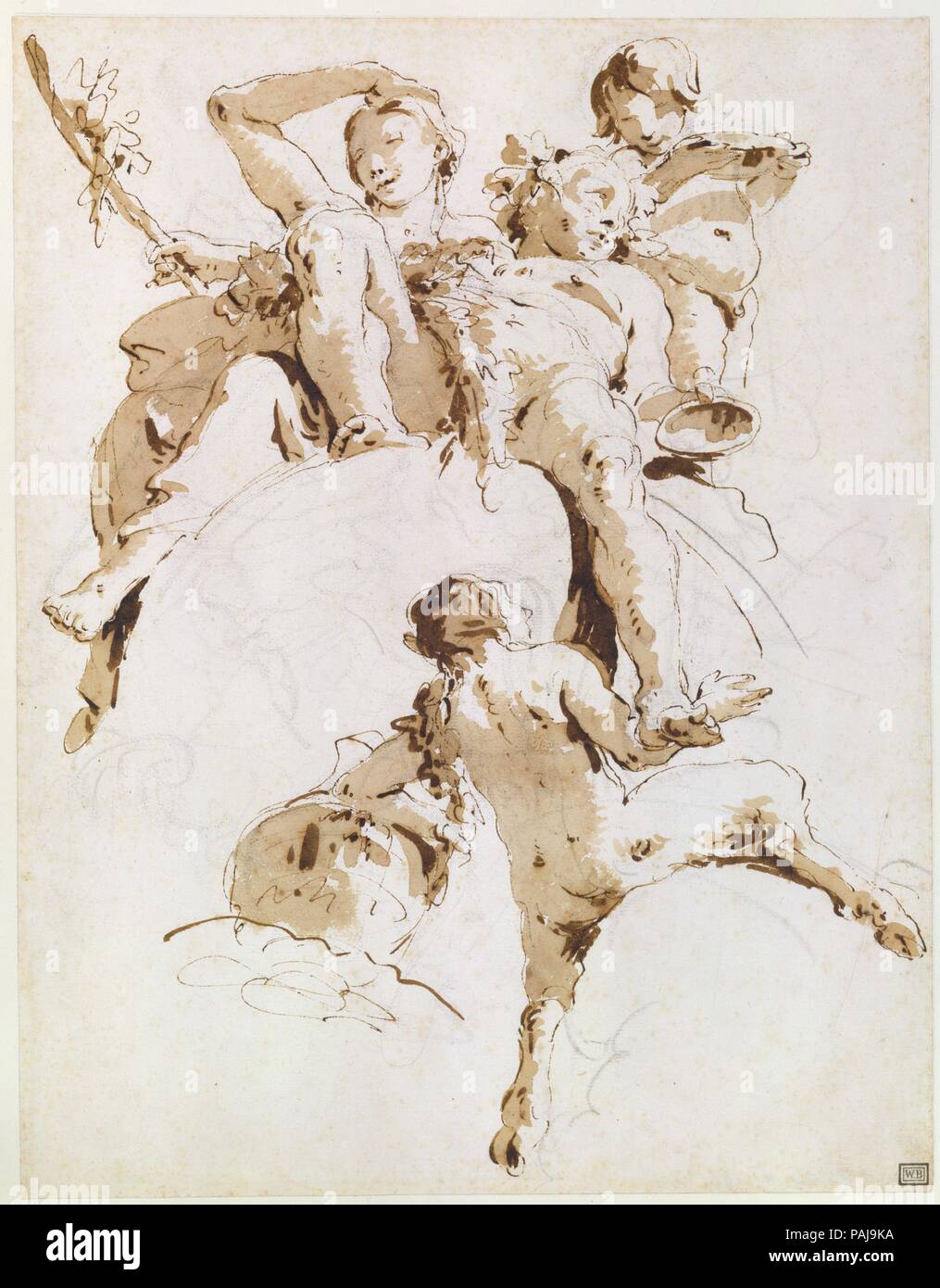 Bacchus and Ariadne. Artist: Giovanni Battista Tiepolo (Italian, Venice 1696-1770 Madrid). Dimensions: 12 5/16 x 9 9/16 in.  (31.2 x 24.3 cm). Date: ca. 1740.  Giambattista Tiepolo was arguably the greatest painter of eighteenth-century Europe, celebrated for his grand decorative cycles in Venetian churches, and in the villas and palaces of Italy, Germany, and Spain. Tiepolo was equally prized as a draftsman, his powers of invention brilliant and prolific. 'Bacchus and Ariadne' is one of Giambattista's most famous pen and wash drawings. It represents Bacchus with Ariadne and two members of his Stock Photo