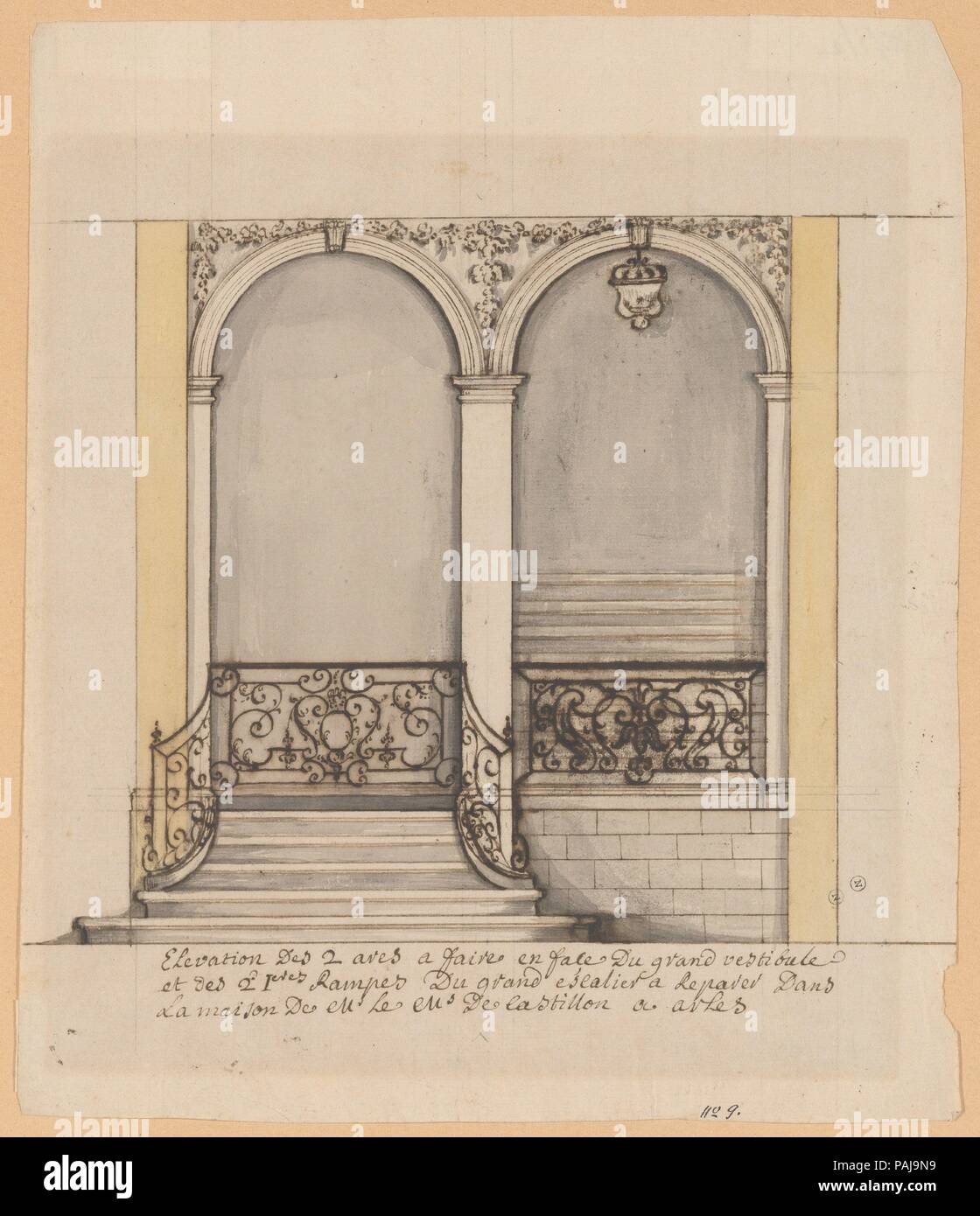 Elevation for a stairway and a second en suite drawing (unmatted): design for ironwork balustrade. Artist: Anonymous, French, 18th century. Dimensions: 10 1/2 x 9 1/16 in. (26.7 x 23 cm). Date: ca. 1700. Museum: Metropolitan Museum of Art, New York, USA. Stock Photo