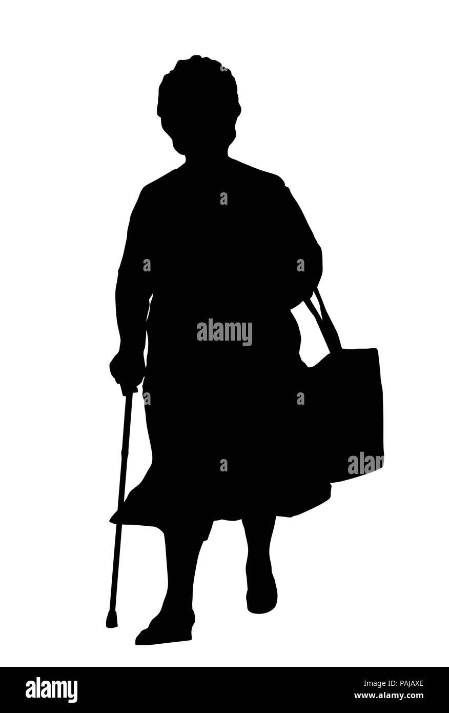 Silhouette of a old woman with cane on a white background, vector illustration Stock Vector