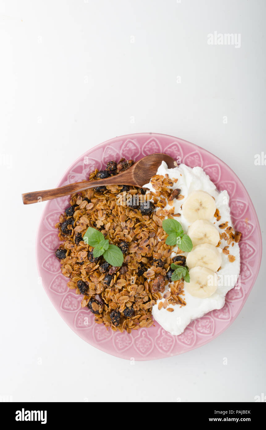 Granola baked in oven with nuts, food photography, food stock Stock