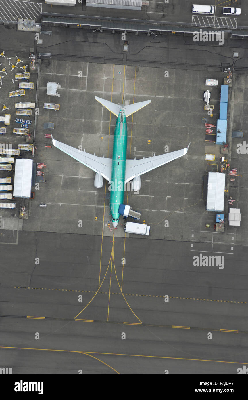 Boeing 737-800 outside the production-line factory parked before being painted and making a test-flight Stock Photo