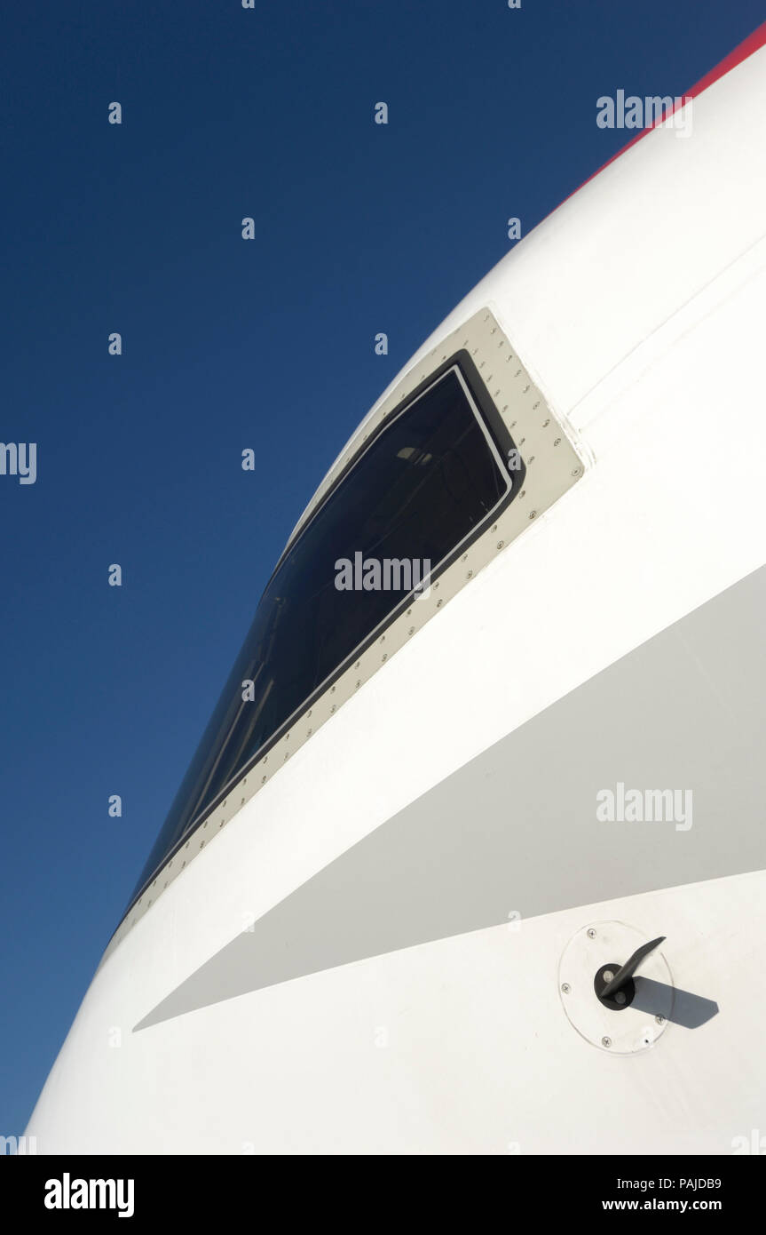 windshield of the Austrian Arrows Bombardier DHC-8 Dash 8-400 Q400 parked in the static-display at the 2006 Farnborough International Airshow Stock Photo