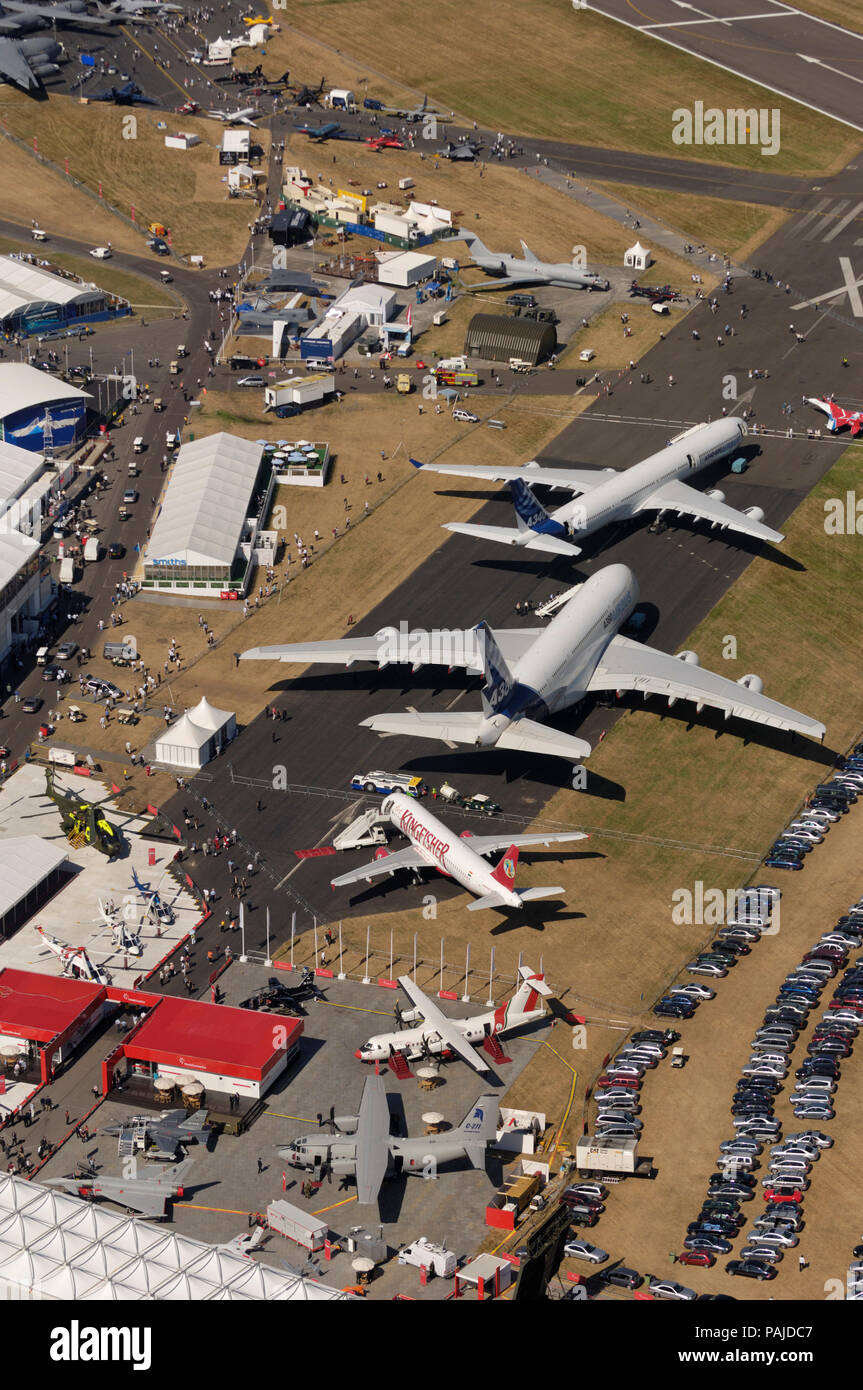 Airbus A380-800, Kingfisher Airlines A320-200, A340-600, EVA Air Boeing 777-300 ER and USAF C-17A Globemaster III parked in the static-display at the Stock Photo