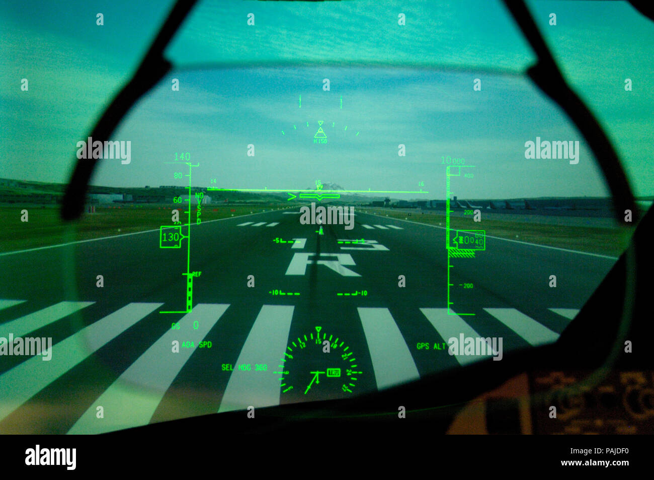 the E-CAB Engineering CAB cockpit simulator pilots-eye view through the HUD Head-Up Display during Dreamliner avionics visual interface systems progra Stock Photo