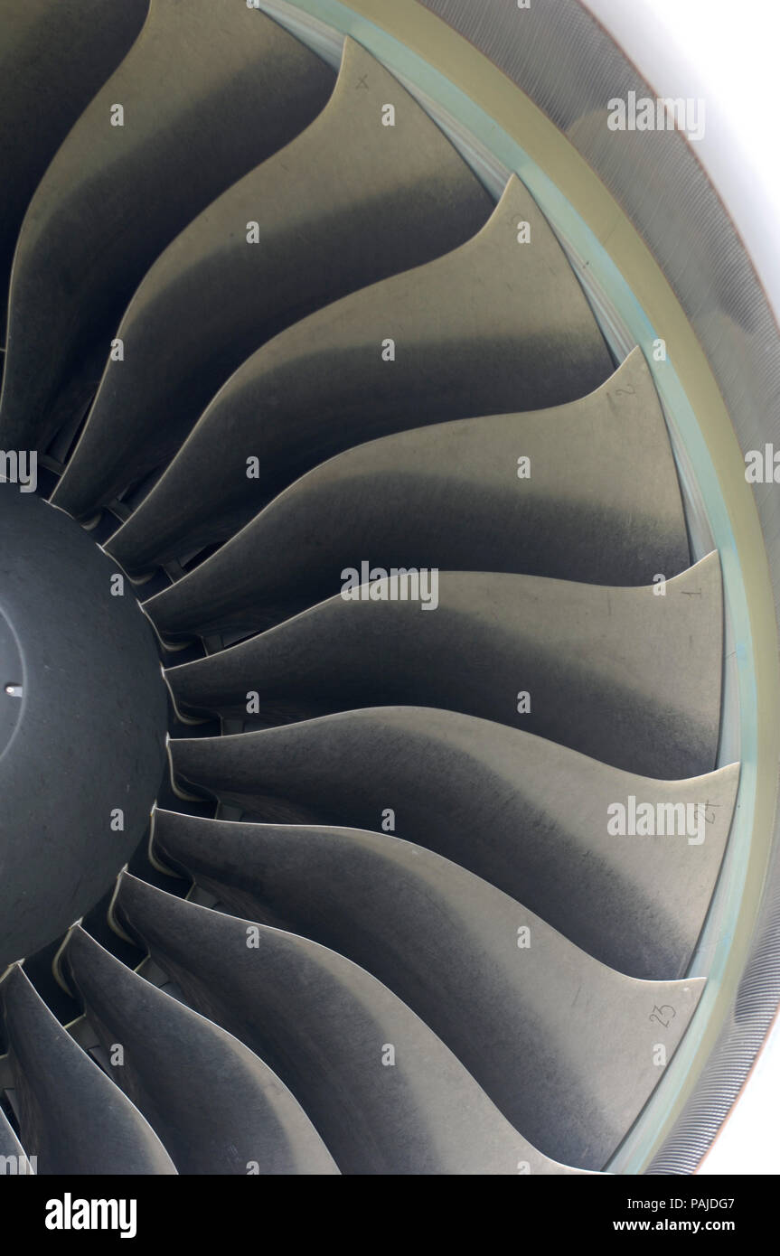 the fan blades of one of the Engine Alliance GP7200 engines on the Airbus A380-861 in the static-display at the Paris AirShow 2007 Salon-du-Bourget Stock Photo