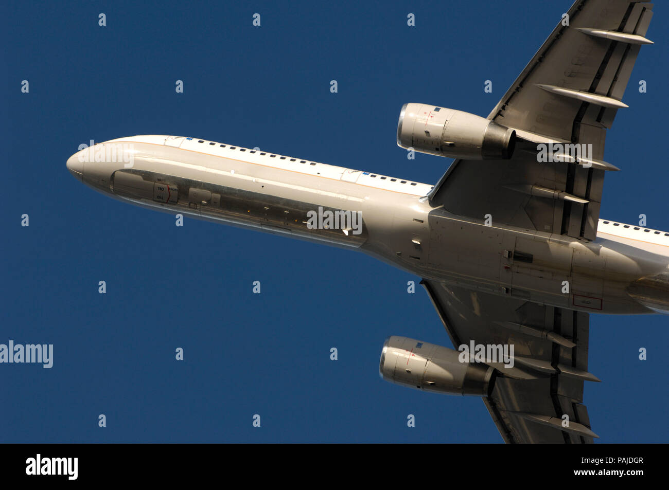 engines and nose of a Continental Airlines Boeing 757-200 climbing out after take-off. Part of the special Boeing 7-series airliner customer party air Stock Photo