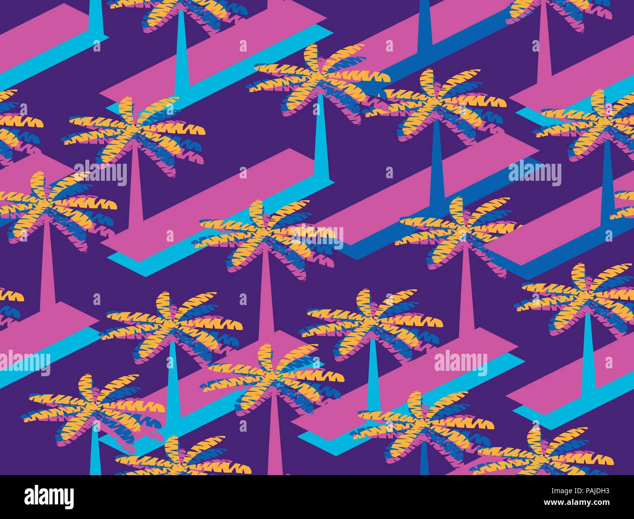 Retro futurism seamless pattern with palm tree. Geometric elements memphis in the style of 80s. Synthwave retro background. Retrowave. Vector illustra Stock Vector