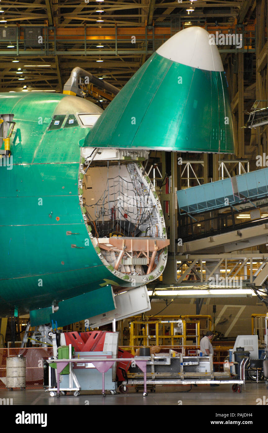 a Jade Cargo International Boeing 747-400F (LN1391) on the production-line with nose cargo door open Stock Photo