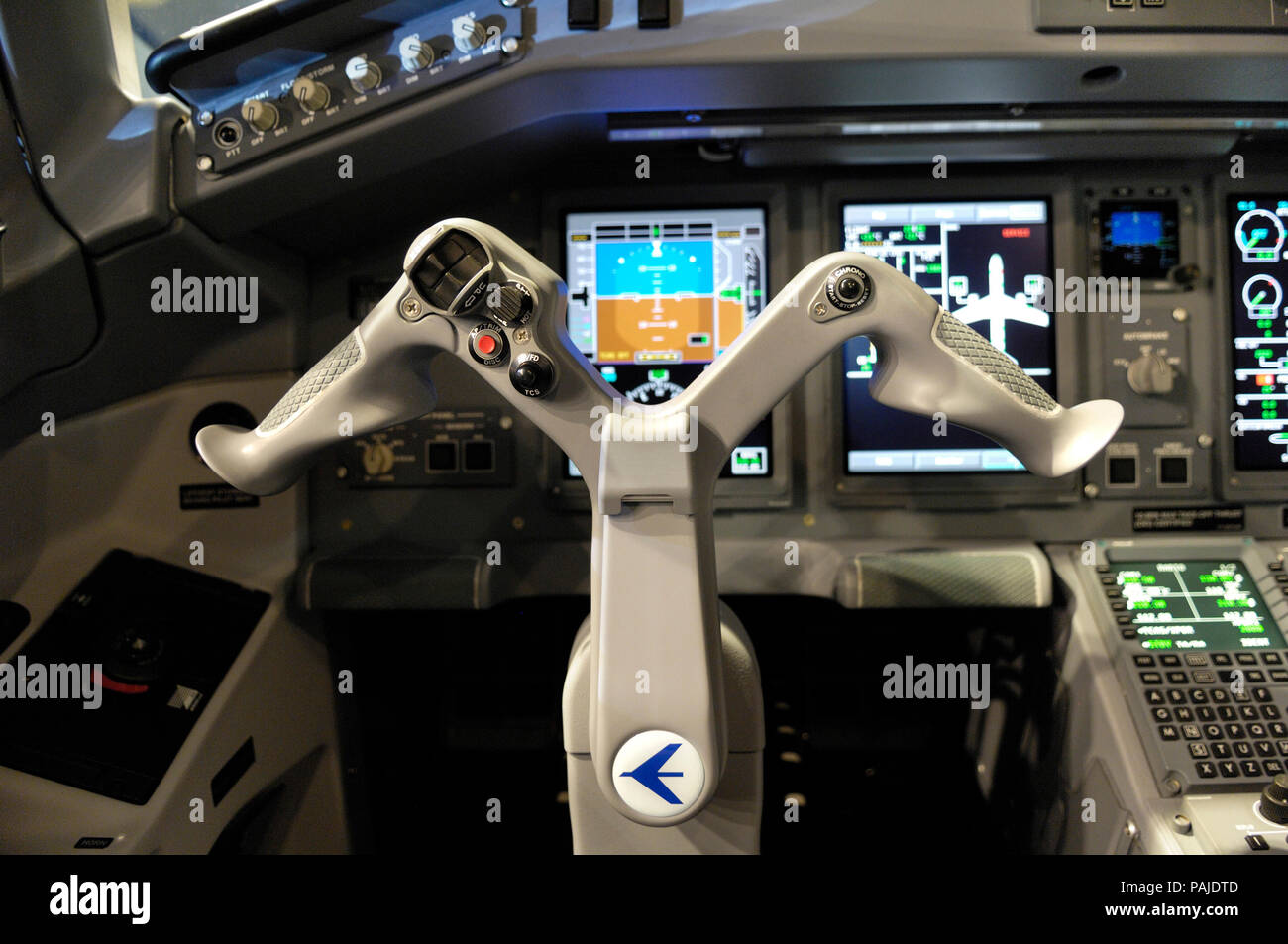 control-yoke and instruments during the delivery roll-out ceremony of the first Embraer 170 E-Jet for British Airways BA CityFlyer Stock Photo