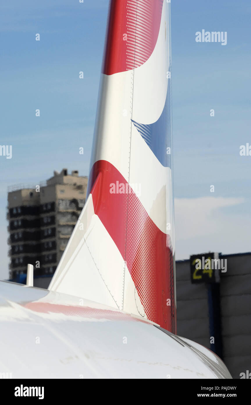 tail-fin on British Airways BA CityFlyer Embraer 170-100STD parked Stock Photo