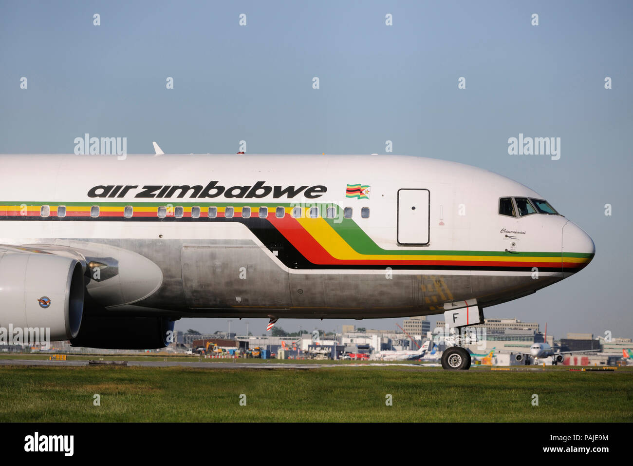 nose of Air Zimbabwe Boeing 767-200ER taxiing at Gatwick Stock Photo