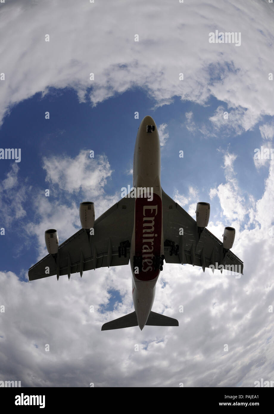 Emirates Airlines Airbus A380-800 flying on final-approach to Heathrow Stock Photo