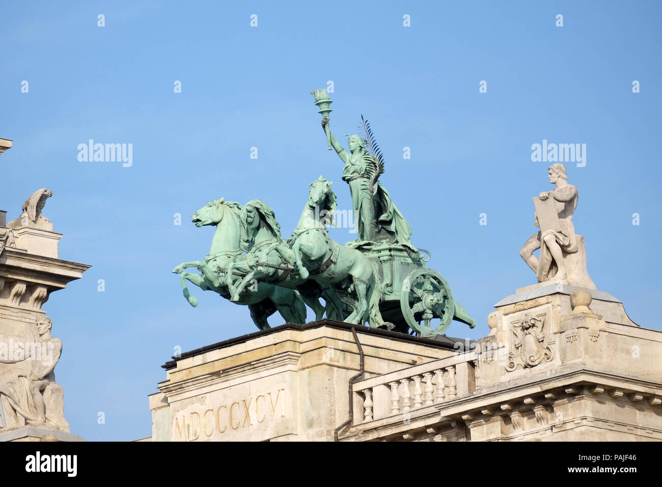 Statues on roof of Museum of Ethnography in Budapest, Hungary. The