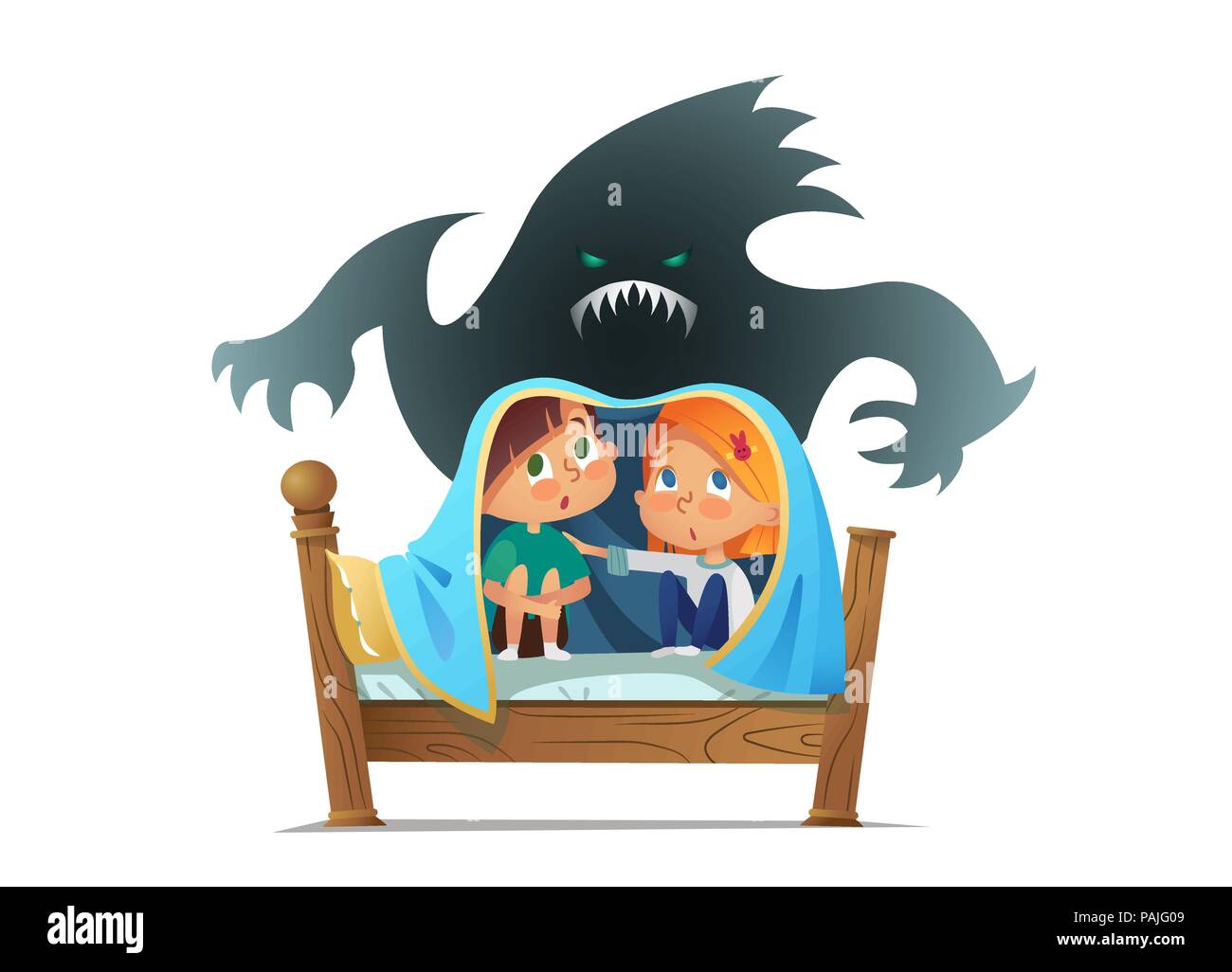 Pair of scared children sitting on bed and hiding from frightening ghost  under blanket. Fearful kids and imaginary monster. Cartoon characters  isolated on white background. Vector illustration Stock Vector Image & Art -