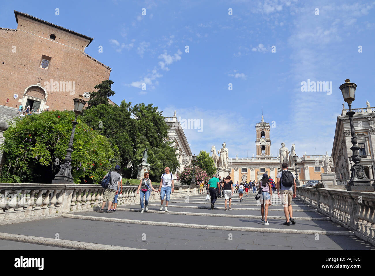 ROME, ITALY - JUNE 11, 2016: The 'Cordonata' access to the Campidoglio square, with statues of Castor and Pollux. Stock Photo
