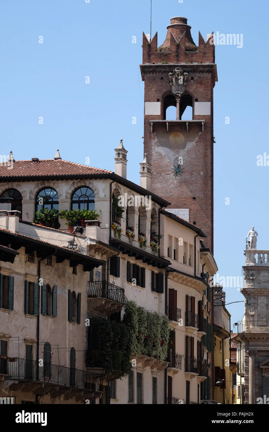 Torre del Gardello near Palazzo Maffei on Piazza delle Erbe square in Verona, Italy. Stock Photo
