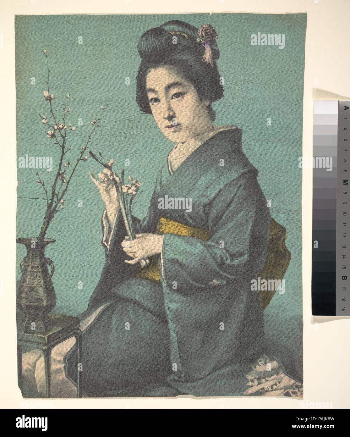 Girl with Plum Blossoms. Artist: Unidentified Artist; Hugechi (Qugeci). Culture: Japan. Dimensions: 14 1/4 x 10 5/8 in. (36.2 x 27 cm). Date: ca. 1900?. Museum: Metropolitan Museum of Art, New York, USA. Stock Photo
