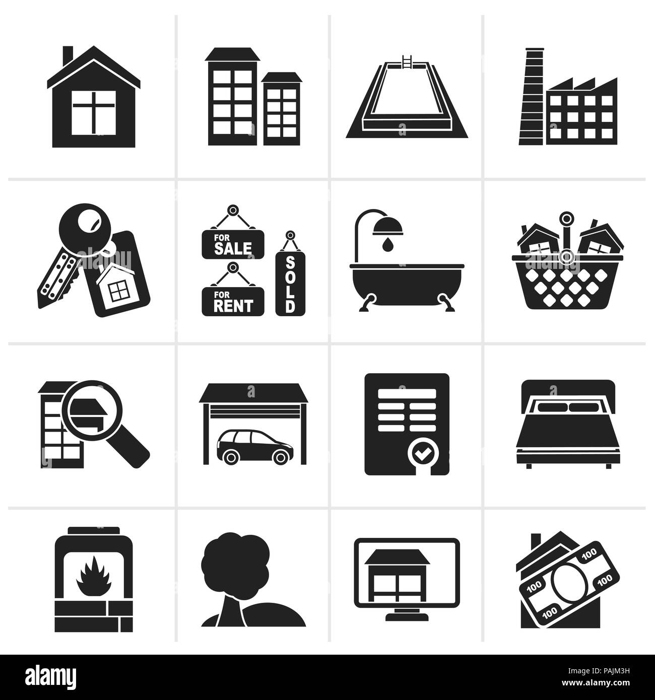 Black Real Estate objects and Icons - Vector Icon Set Stock Vector ...