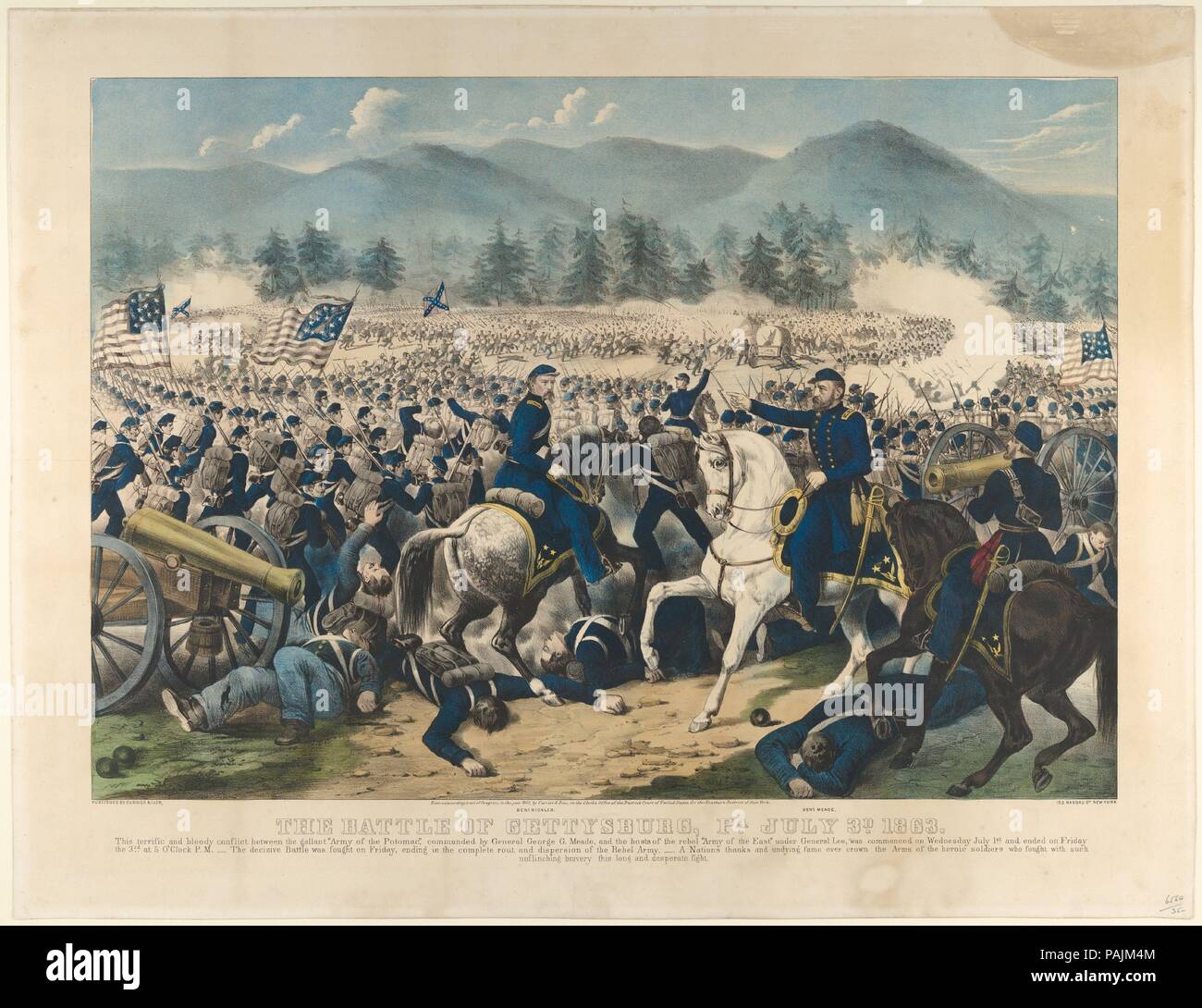 The Battle of Gettysburg, Pa., July 3rd, 1863. Dimensions: Image: 15 11/16 x 22 3/8 in. (39.8 x 56.8 cm)  Sheet: 19 13/16 × 25 13/16 in. (50.3 × 65.6 cm). Publisher: Currier & Ives (American, active New York, 1857-1907). Date: 1863.  The New York lithographer-publisher Currier & Ives issued this print soon after the Battle of Gettysburg to commemorate the dearly won Union victory. The text below the image sets the tone:  This terrific and bloody conflict between the gallant Army of the Potomac, commanded by their great General George G. Meade, and the hosts of the rebel Army of the East under  Stock Photo
