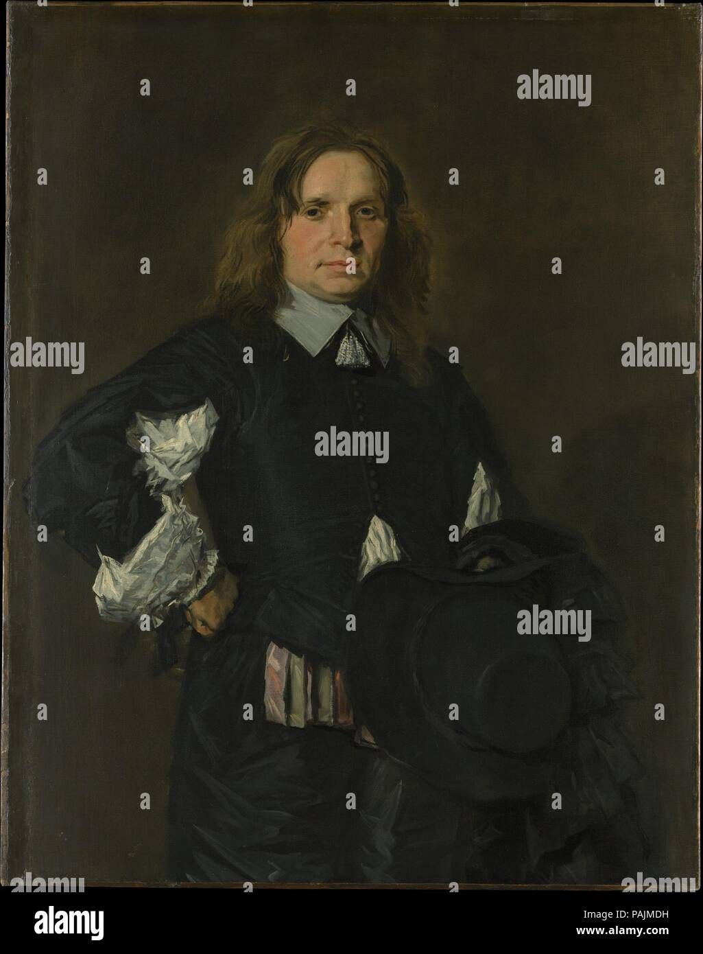Portrait of a Man. Artist: Frans Hals (Dutch, Antwerp 1582/83-1666 Haarlem). Dimensions: 43 1/2 x 34 in. (110.5 x 86.4 cm). Date: early 1650s.  In this canvas of the early 1650s, the figure's pose follows a pattern Hals employed twenty years earlier, but here the arrangement is more frontal and contained. The resulting impression of reserve or authority is relieved by the relaxed expression, and perhaps by the French fashions of flounced sleeves and colorful ribbons at the waist. Vivid brushwork and the nearness of the foreshortened hat add to the portrait's immediacy. Museum: Metropolitan Mus Stock Photo
