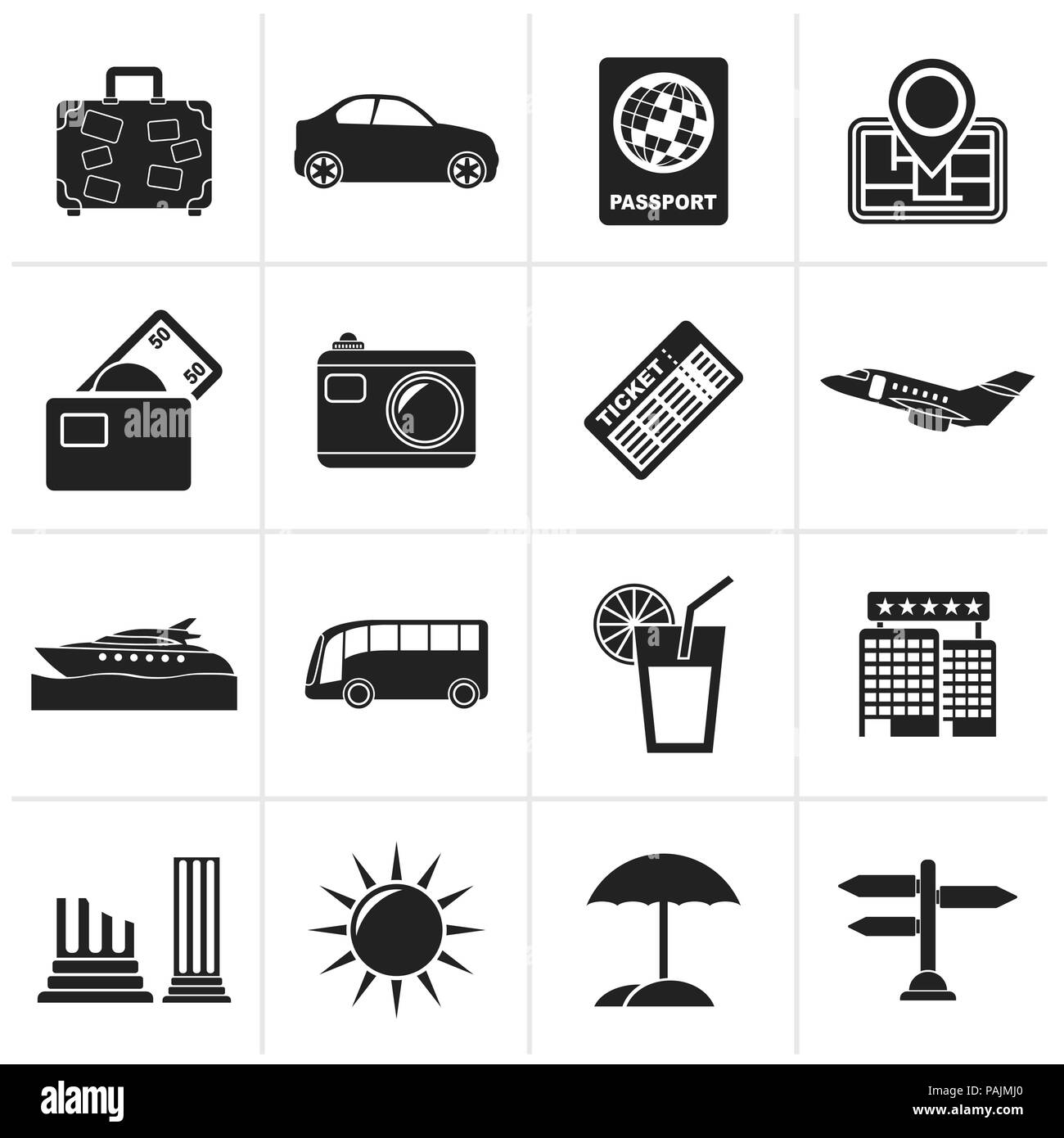 Black Travel and vacation icons - vector icon set Stock Vector