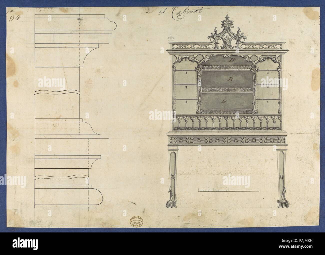 Cabinet, from Chippendale Drawings, Vol. II. Artist: Thomas Chippendale (British, baptised Otley, West Yorkshire 1718-1779 London). Dimensions: sheet: 8 7/16 x 12 in. (21.4 x 30.4 cm). Published in: London. Date: 1754.  Preparatory drawing for Thomas Chippendale's 'Gentleman and Cabinet Maker's Director'. Published in reverse as plate XCIV in the 1754 and 1755 editions, renumbered as plate CXXIV in the 1762 edition. Museum: Metropolitan Museum of Art, New York, USA. Stock Photo