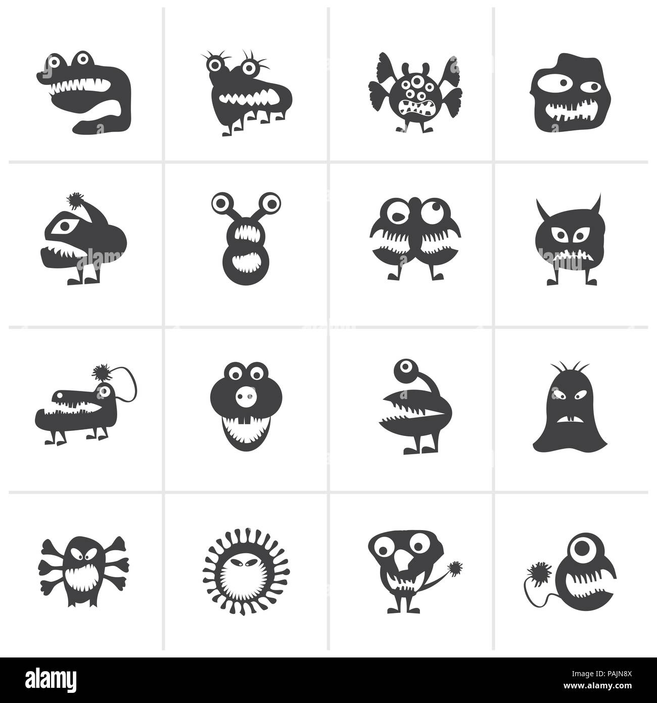 Black various abstract monsters illustration - vector icon set Stock Vector