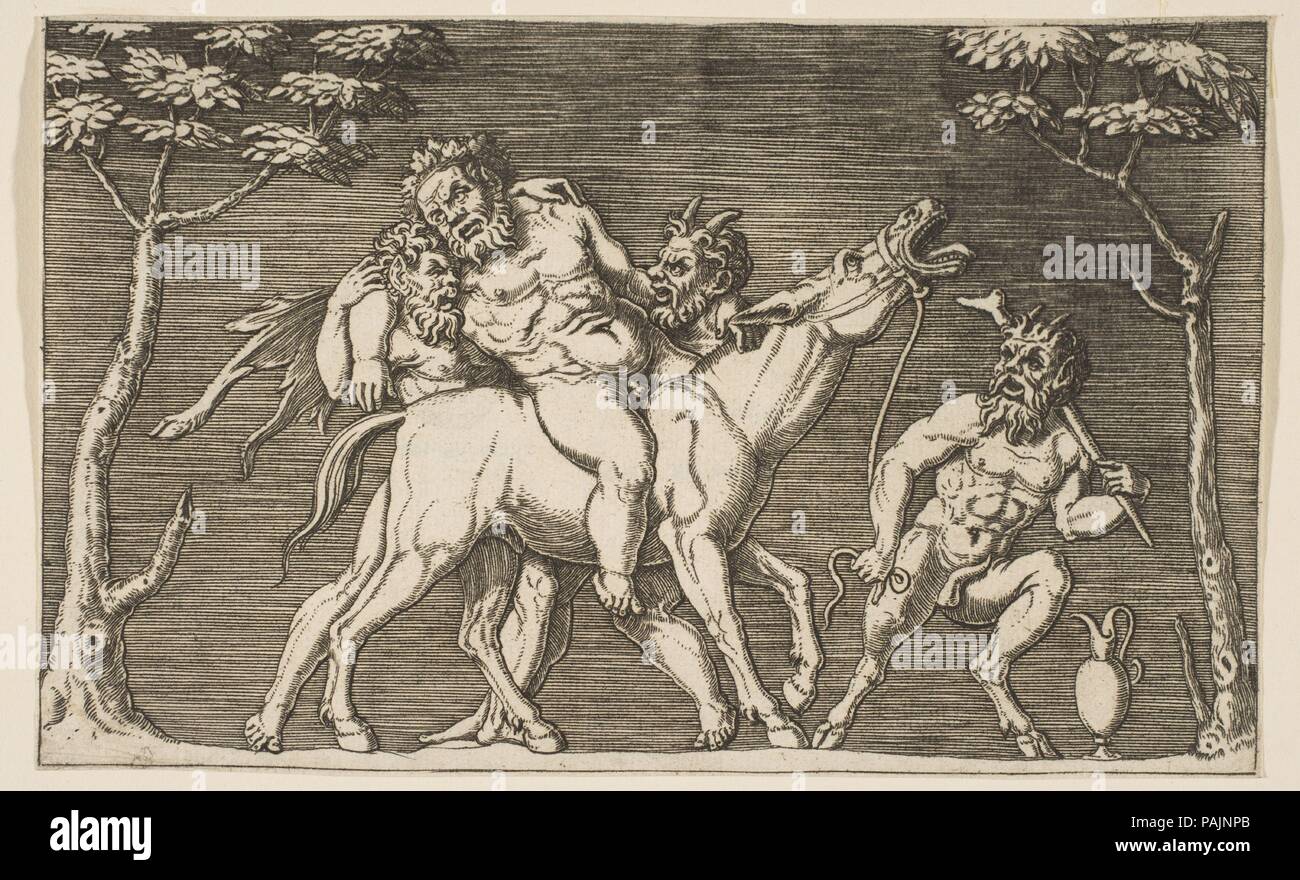 Two satyrs placing Silenus on a braying mule and a third satyr at right. Artist: Attributed to Marco Dente (Italian, Ravenna, active by 1515-died 1527 Rome). Dimensions: Sheet (Trimmed): 4 5/16 × 6 7/8 in. (10.9 × 17.5 cm). Series/Portfolio: Ancient Bas-Reliefs. Date: ca. 1515-27.  See 26.50.1(134) for a copy in reverse of this print by an anonymous artist. Museum: Metropolitan Museum of Art, New York, USA. Stock Photo