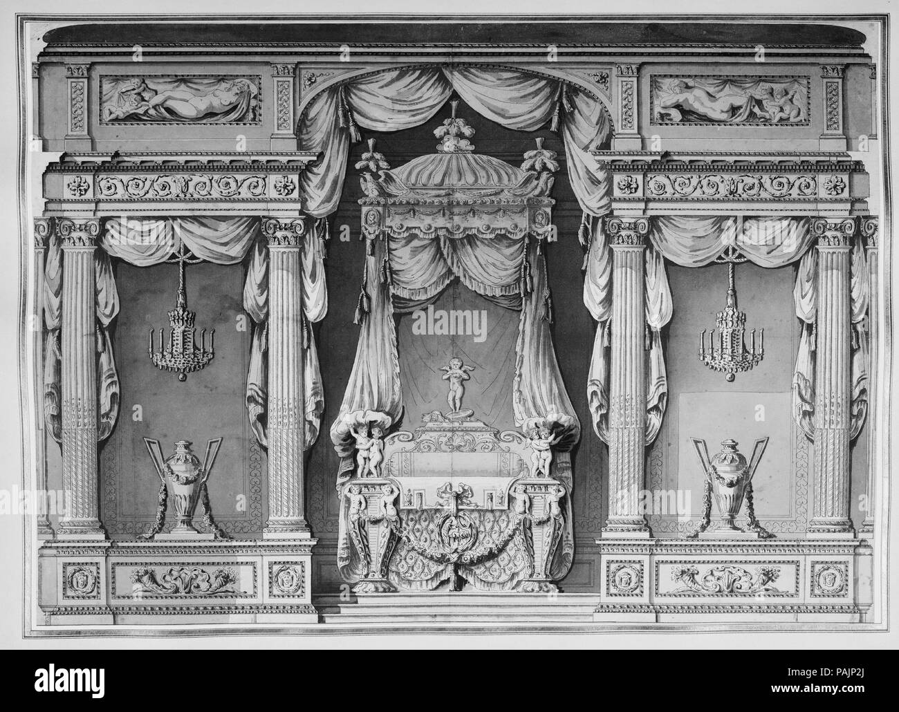 Design for a Canopy Bed in an Alcove. Artist: Anonymous, French, 18th century. Dimensions: 14 15/16 x 20 7/16 in. (38 x 51.9 cm). Former Attribution: Formerly attributed to Victor Louis (French, Paris 1731-1800 Paris). Date: ca. 1770-90.  This drawing shows a design for a large canopy bed, placed in a neoclassical alcove. This type of design is often seen in palaces where an official 'coucher' and 'lever' ceremony (retiring to and rising from bed) was in custom. A select group of prominent people would be invited to observe and sometimes assist during this honorary occasion. The sumptuous drap Stock Photo