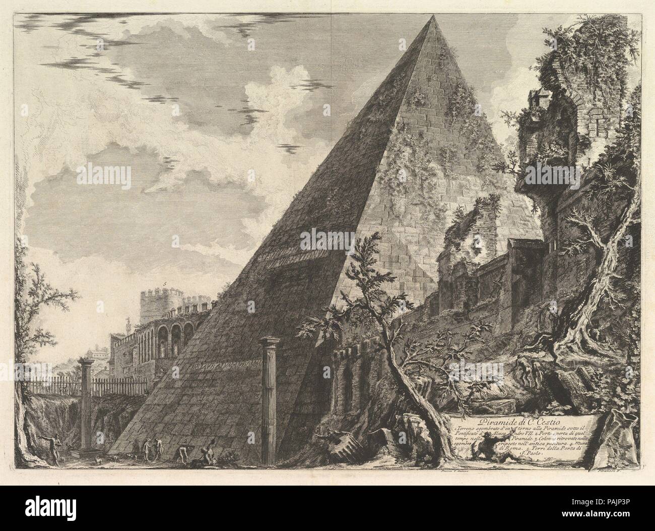 The Pyramid of Gaius Cestius, from Vedute di Roma (Roman Views). Artist: Giovanni Battista Piranesi (Italian, Mogliano Veneto 1720-1778 Rome). Dimensions: Sheet: 20 11/16 x 27 9/16 in. (52.5 x 70 cm)  Plate: 15 3/8 x 21 1/4 in. (39 x 54 cm). Series/Portfolio: Vedute di Roma. Date: ca. 1756. Museum: Metropolitan Museum of Art, New York, USA. Stock Photo