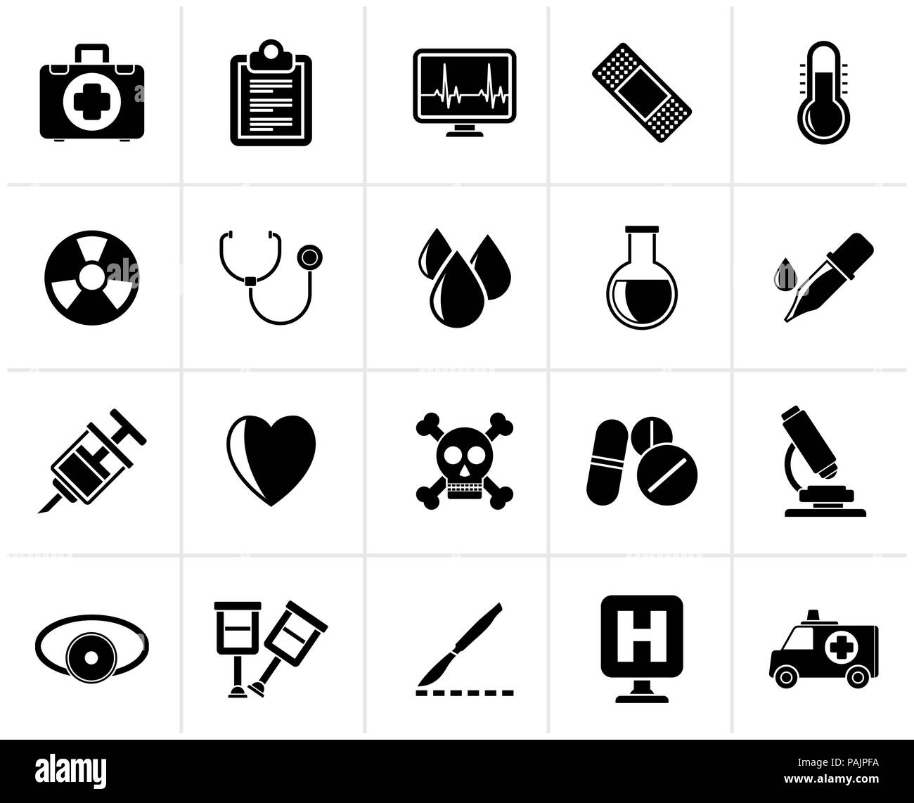 Black medical tools and health care equipment icons  - vector icon set Stock Vector