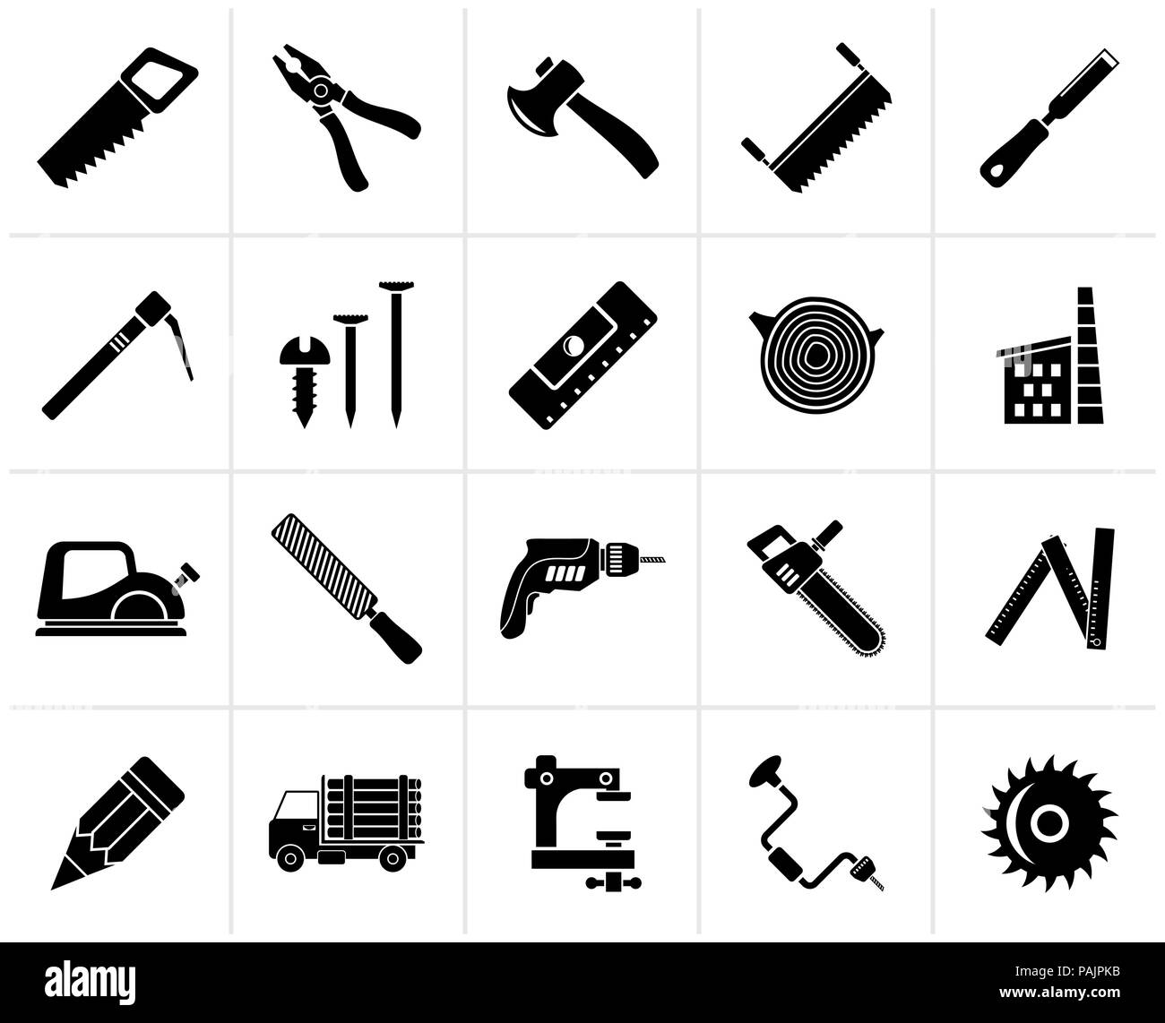 Black Carpentry, logging and woodworking icons - vector icon set Stock Vector