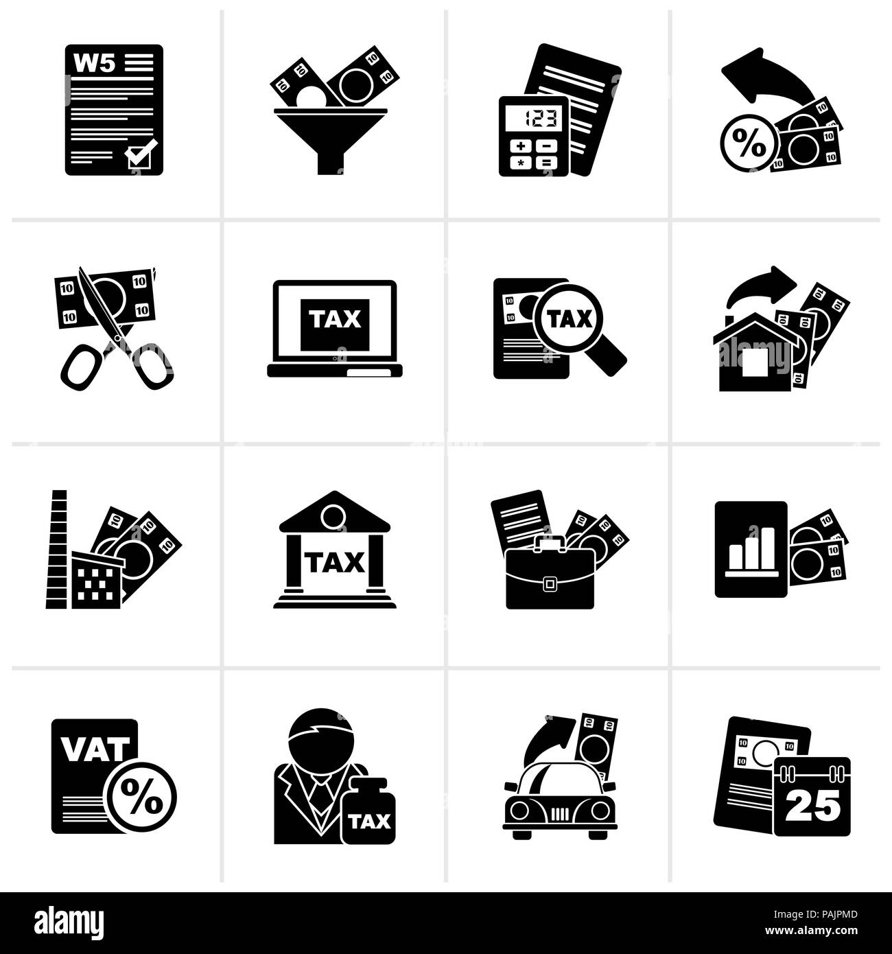 Black Taxes, business and finance icons - vector icon set Stock Vector